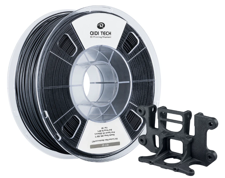 A spool of QIDI TECH PET-CF carbon fiber 3D printing filament with a sample 3D-printed part.