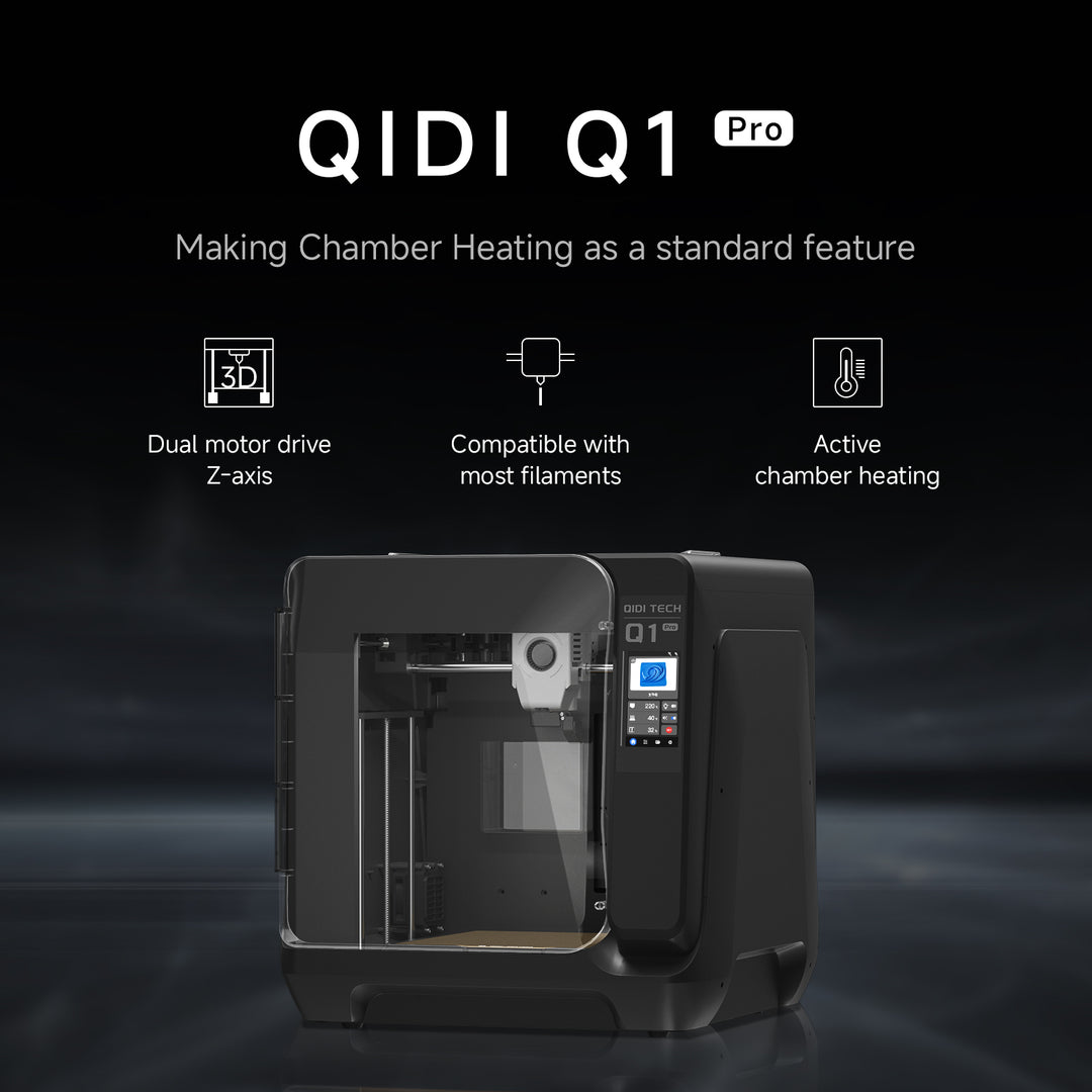 QIDI Q1 Pro 3D printer with active chamber heating and dual motor drive.
