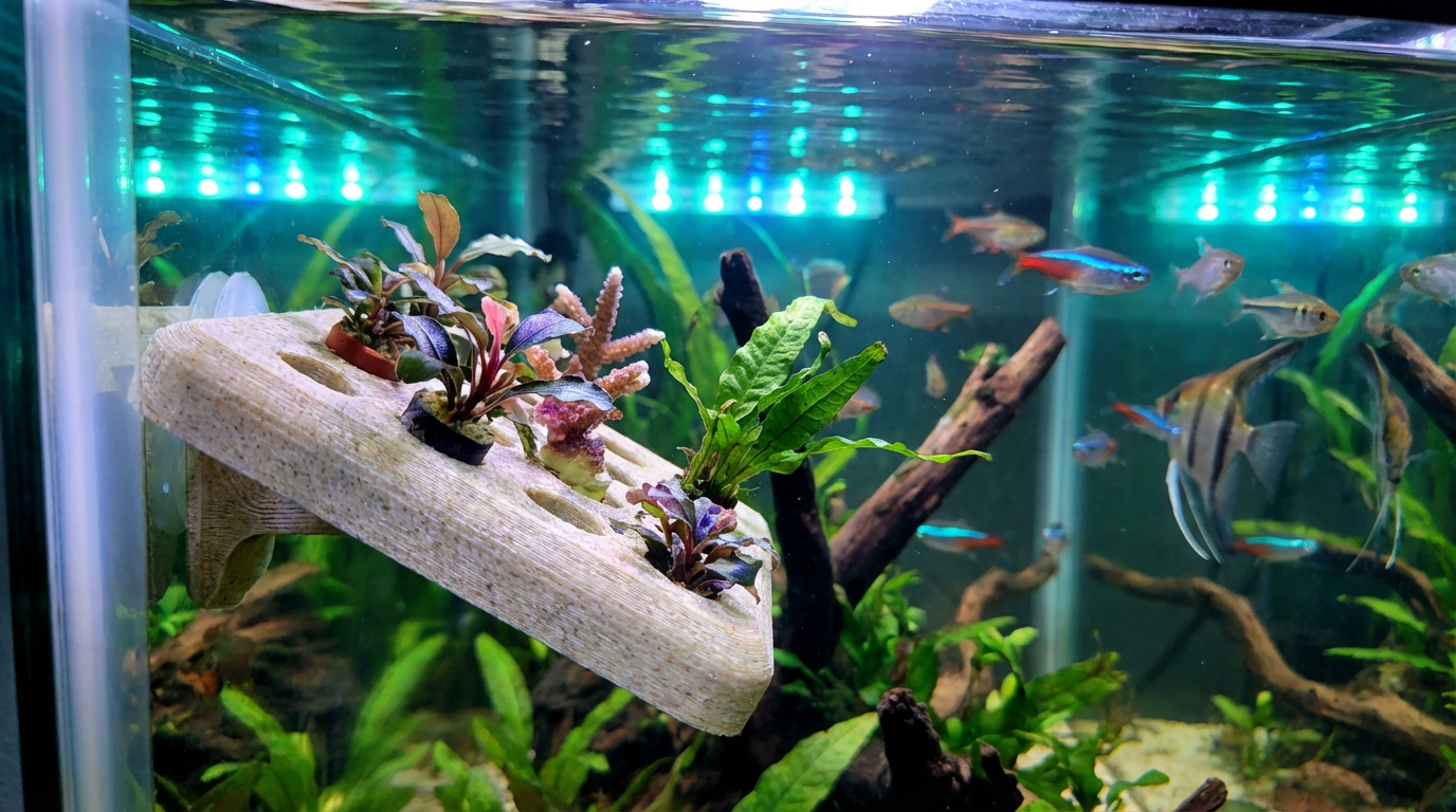 3D printed coral frag rack inside aquarium
