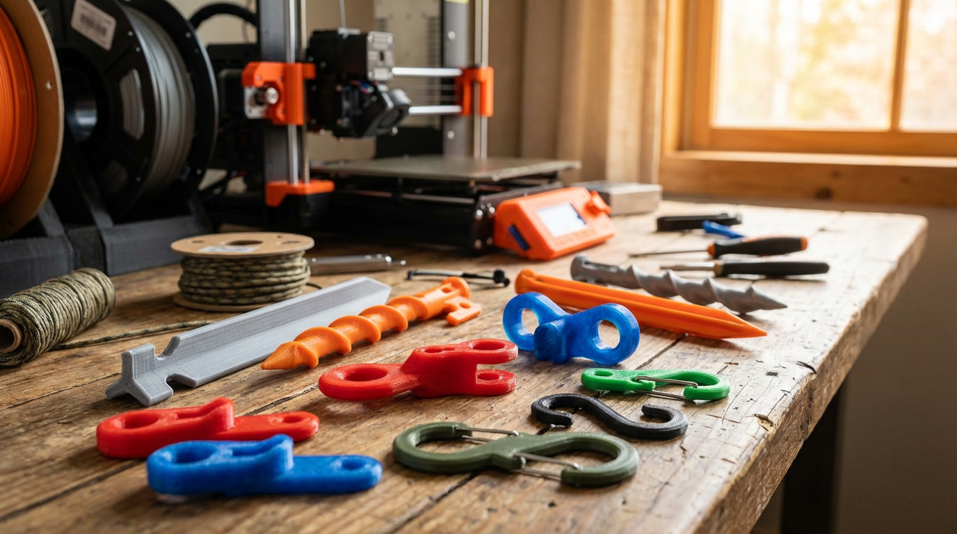 Colorful 3D printed camping gear on workbench