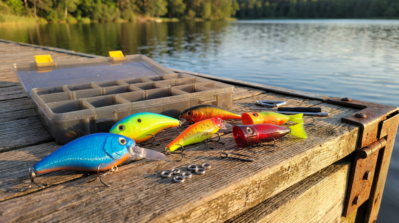 Colorful 3D printed fishing lures on tackle box