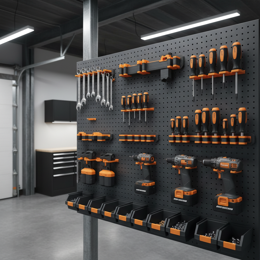 Garage pegboard fitted with orange 3D printed organizers