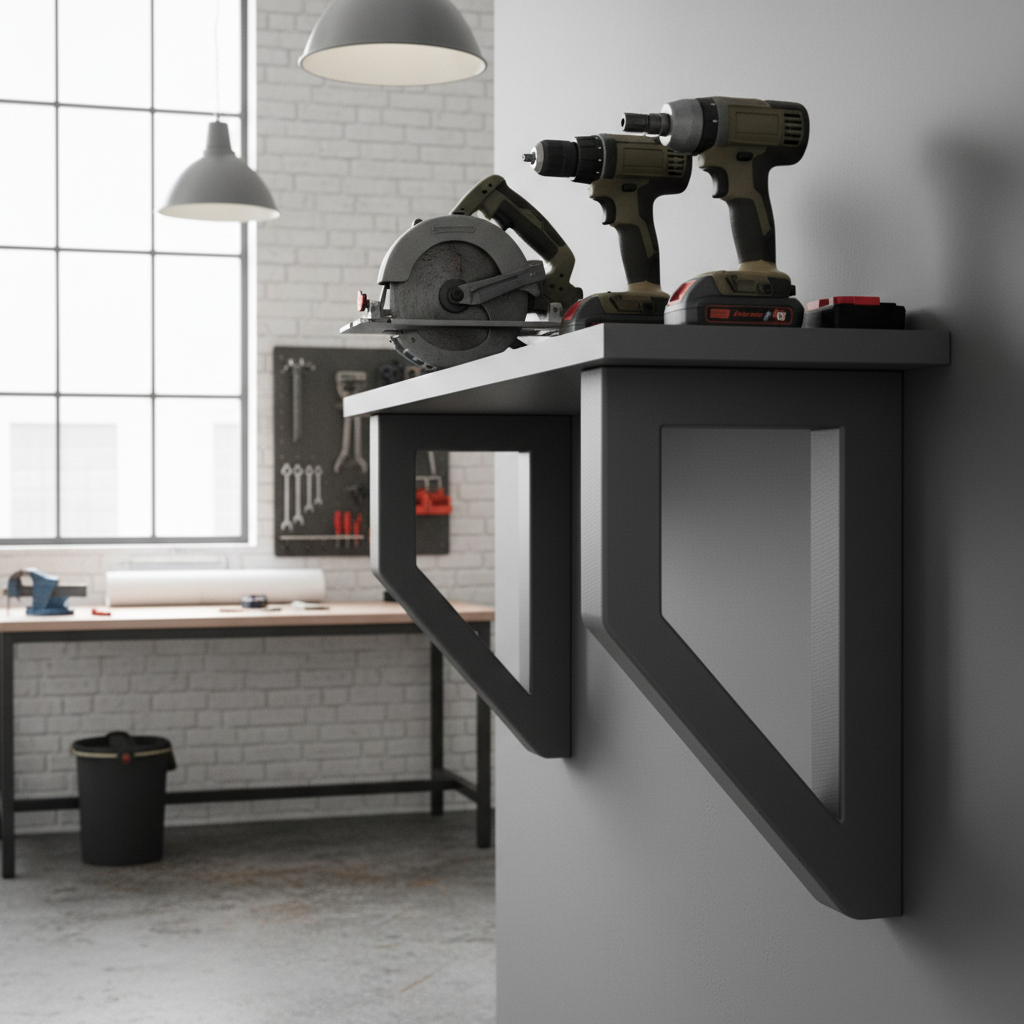 Heavy-duty 3D printed shelf bracket in workshop
