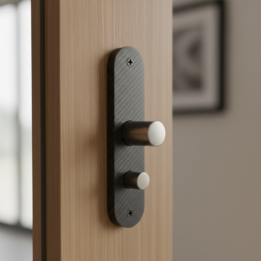 Black 3D printed plate with two cylindrical door pegs