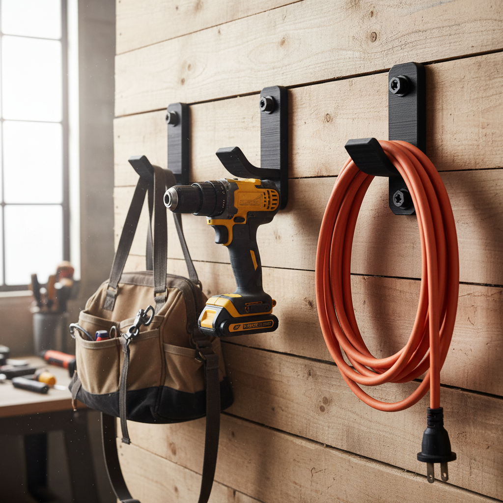 Three wall-mounted hooks holding tools and orange cable