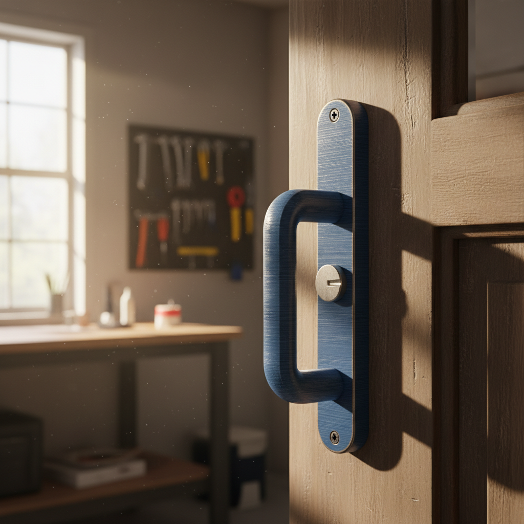 Black 3D printed replacement door handle on wooden door