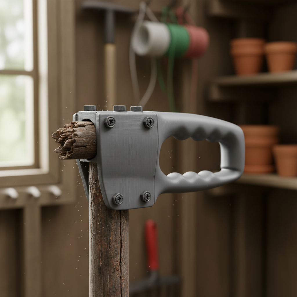 Ergonomic 3D printed adapter fitted to a garden rake handle