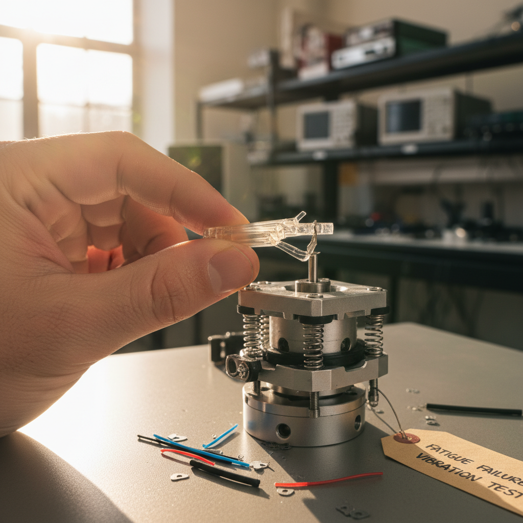 Hand positioning a clear part above mechanical test fixture