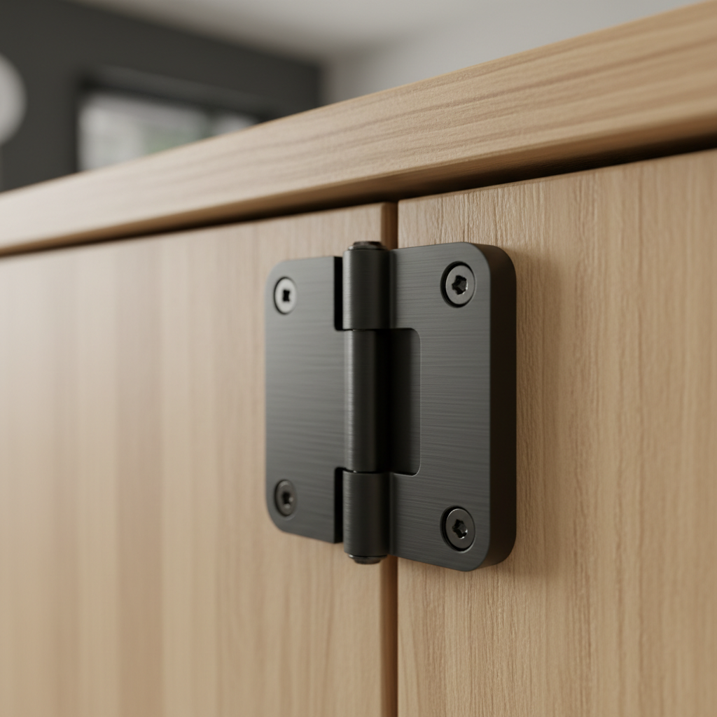 Black 3D printed hinge mounted on wood cabinet