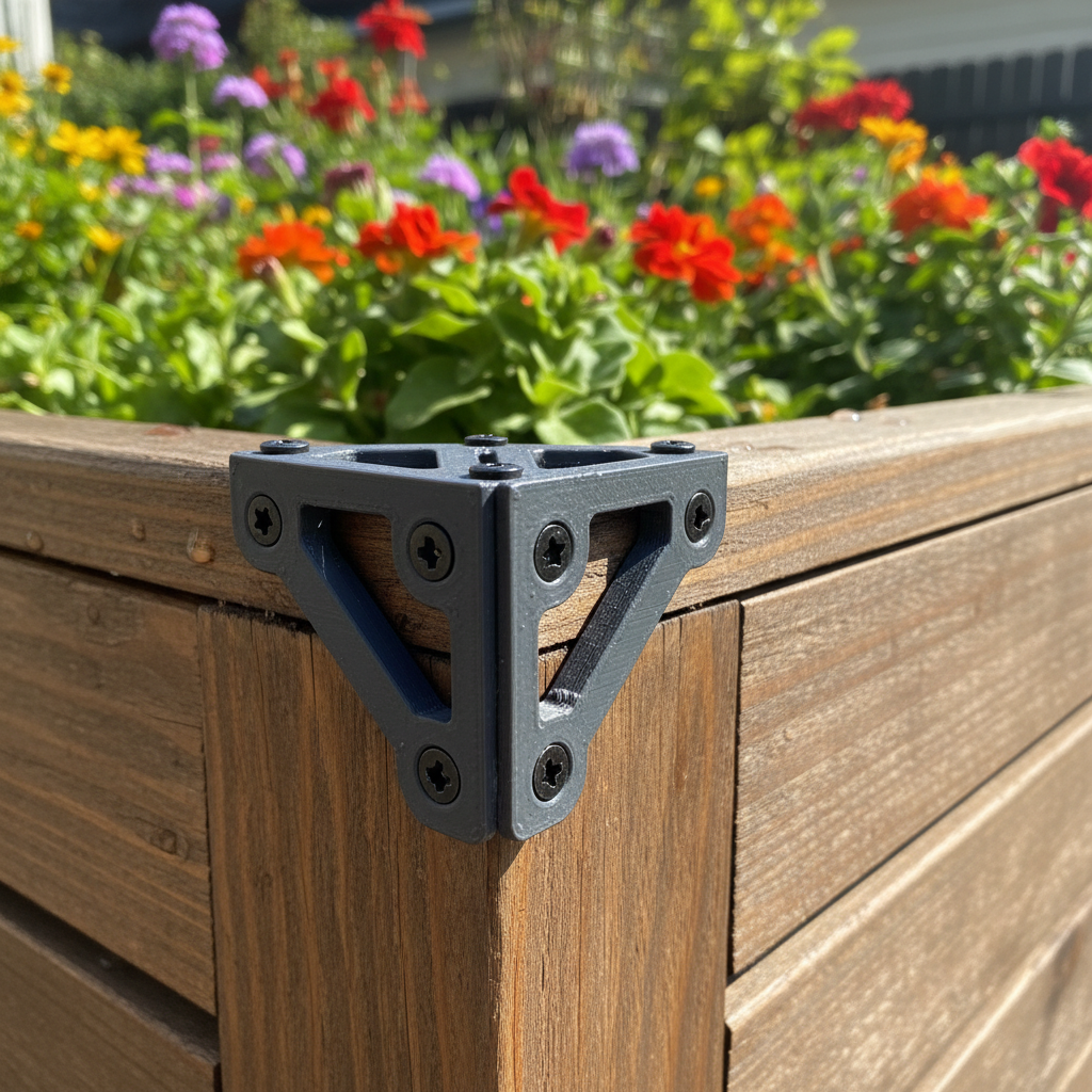 Black 3D printed planter bracket on wooden deck