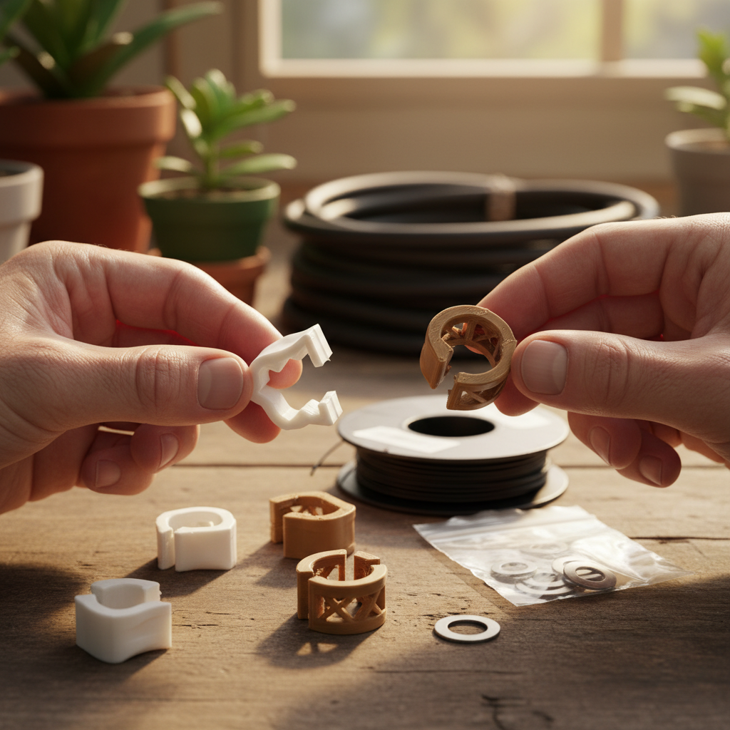 Hands comparing white and brown 3D printed tubing clips