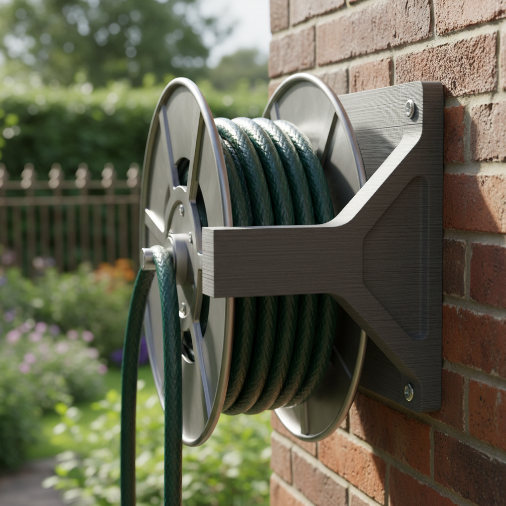 3D printed garden hose reel bracket on brick wall