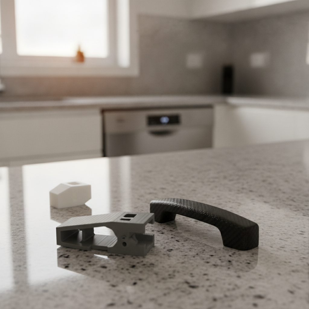 Black and gray 3D printed handle parts on kitchen counter