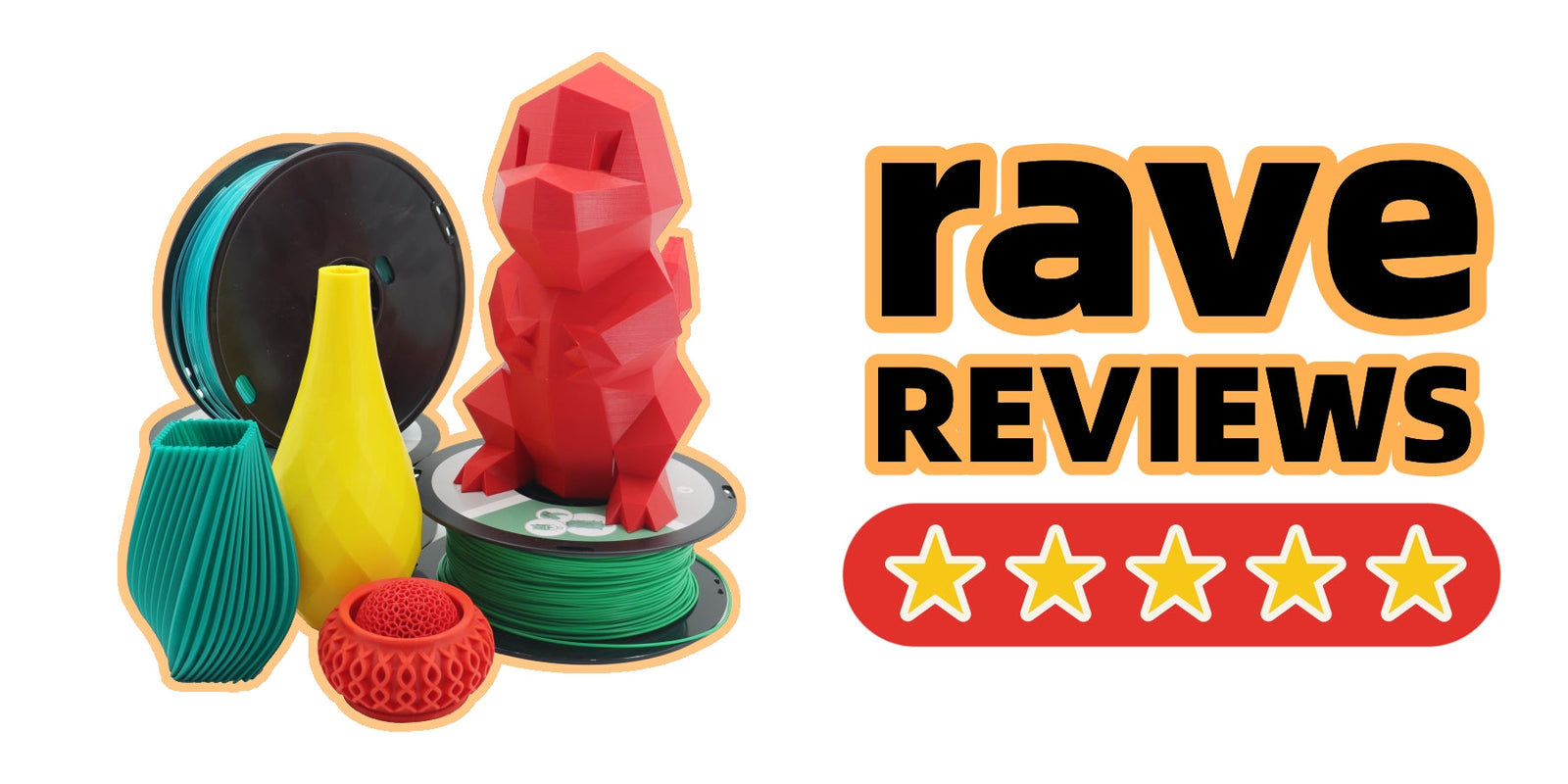  green and yellow vases, red polygon dinosaur, filament spools, and "rave REVIEWS" with 5-star rating.