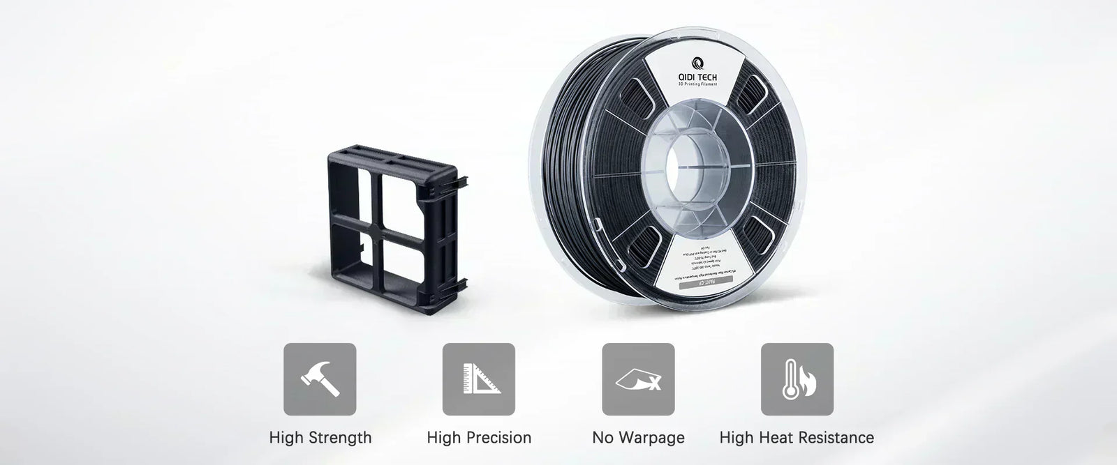 Black 3D printer filament spool and a printed part, highlighting features like high strength, high precision, no warpage, and high heat resistance, representing industrial 3D printing composite advantages.