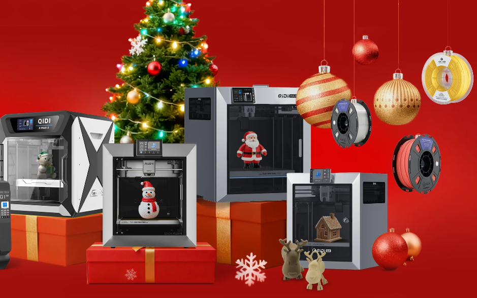 QIDI 3D printers and filament displayed as Christmas gifts with a tree, ornaments, and 3D printed holiday figures