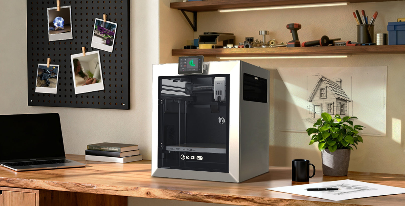 A white 3D printer on a wooden desk in a modern workshop, next to a laptop, plant, and sketches