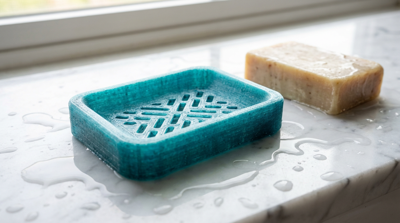Blue 3D printed soap dish beside bar soap