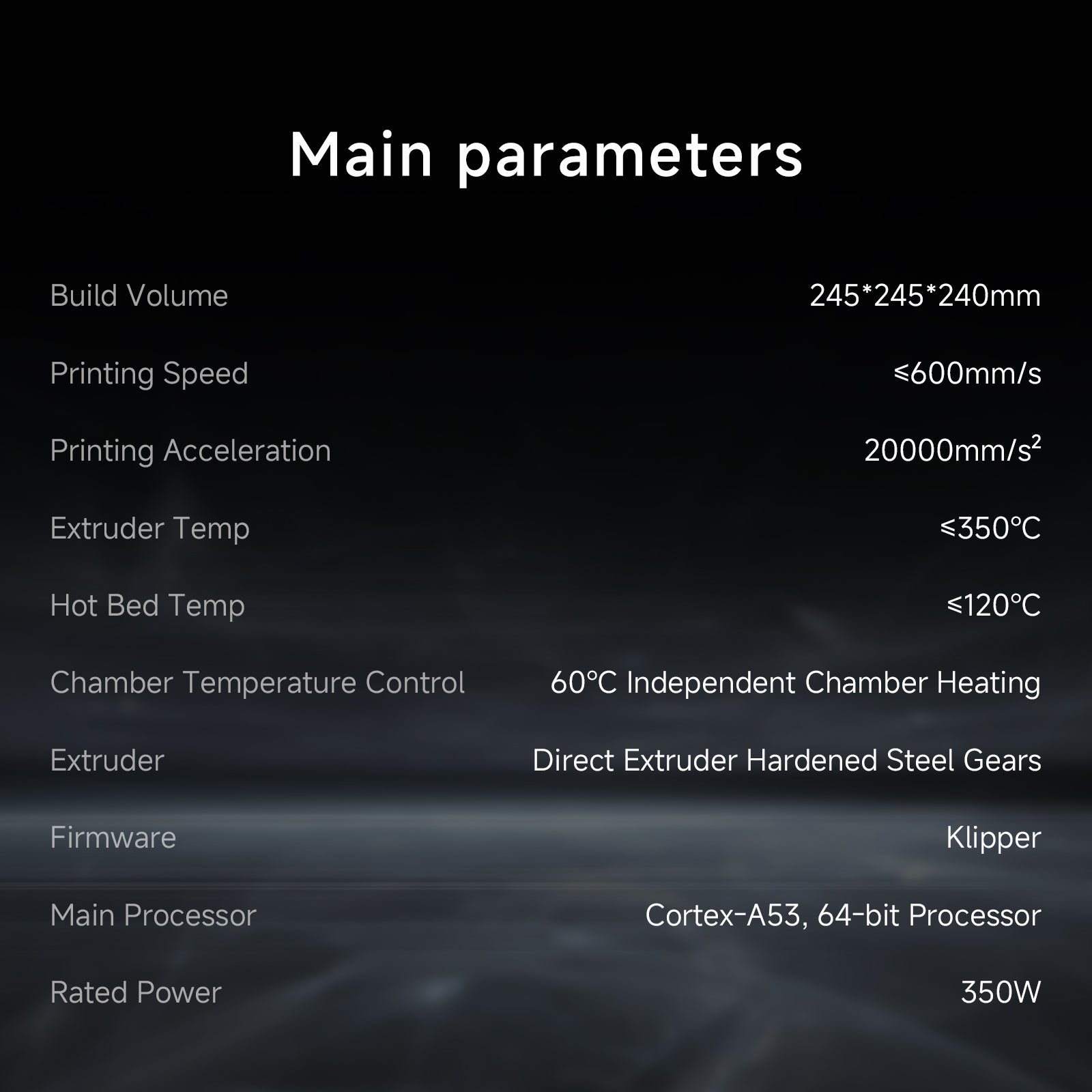 the main parameters of q1 pro 3d printer, it has hight printing speed up to 600mm/s and 245x245x245mm large bulid volume