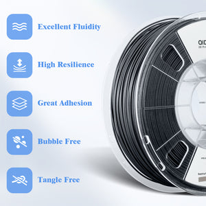 Black TPU95A-HF filament spool with icons for excellent fluidity, high resilience, great adhesion, bubble-free, and tangle-free. Ideal for 3D printing.