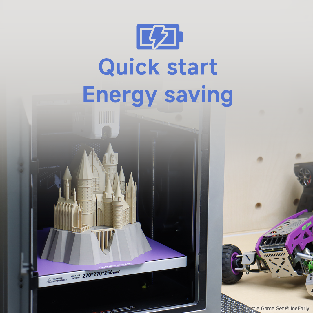 QIDI Cool Plate Pro features a 3D printed castle model with text highlighting quick start and energy saving benefits.